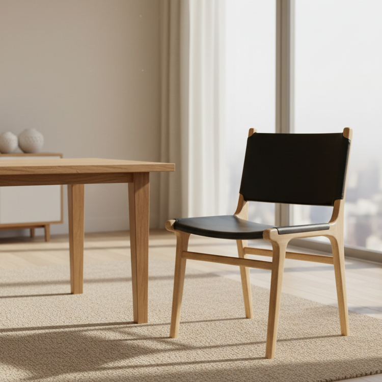 Modern dining room with wooden table and black chair near large windows.