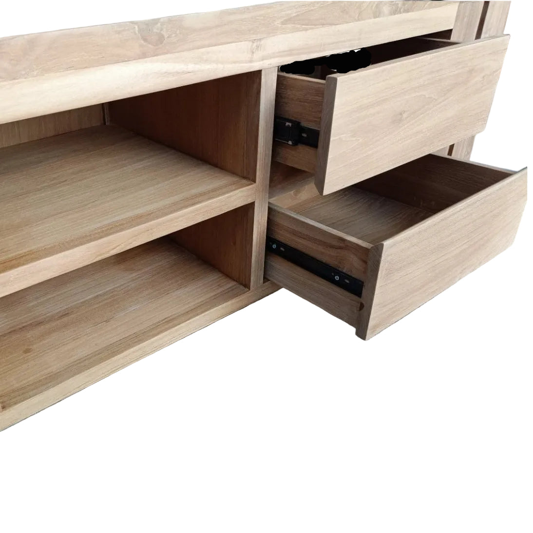 Wooden sideboard with open drawers.