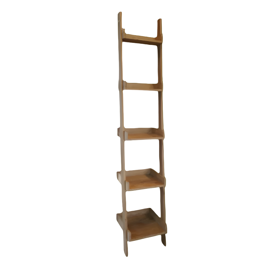 Wooden ladder shelf with four shelves.