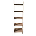 Wooden ladder shelf against a dark textured wall