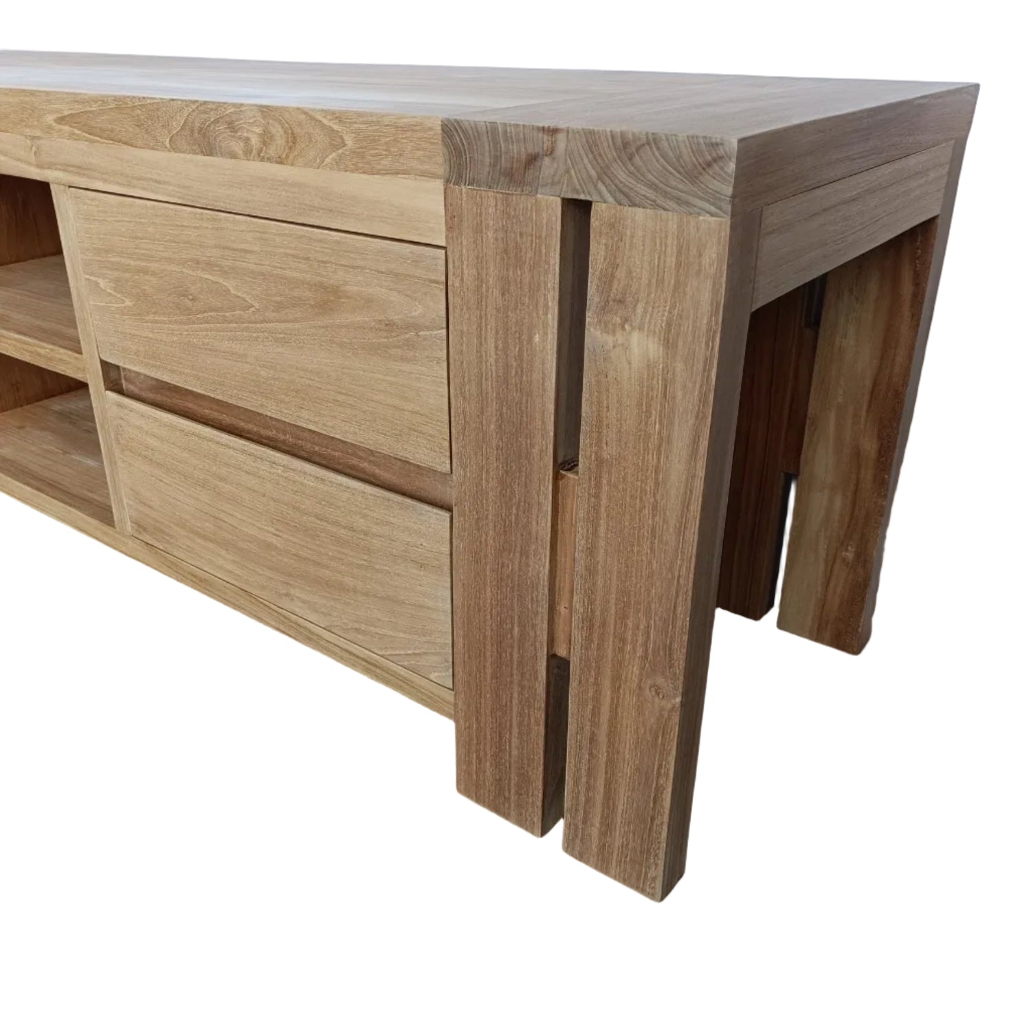 Teak Wooden TV console table with shelves and four drawers
