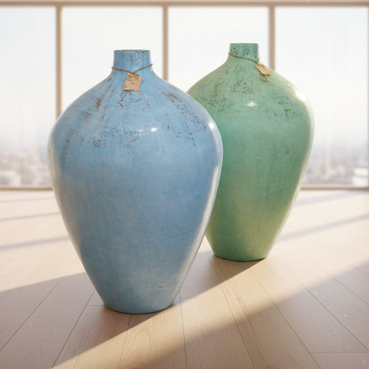 Two large Aladdin vases, one blue and one green, on a wooden floor with a window background.