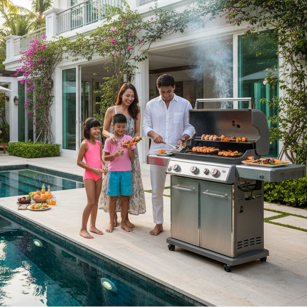 Family grilling by a poolside in a luxurious backyard setting