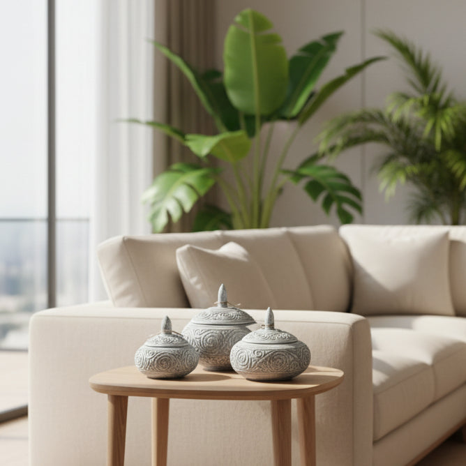 Beige sofa with decorative urns on a wooden table in a living room setting.