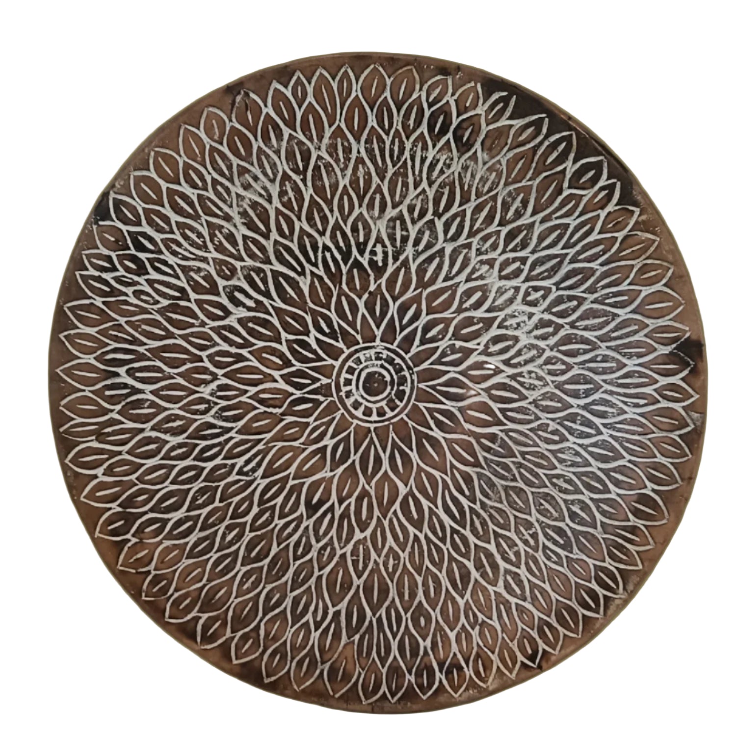 A hand-carved wooden decorative plate with a geometric pattern, predominantly in a black and white color palette.