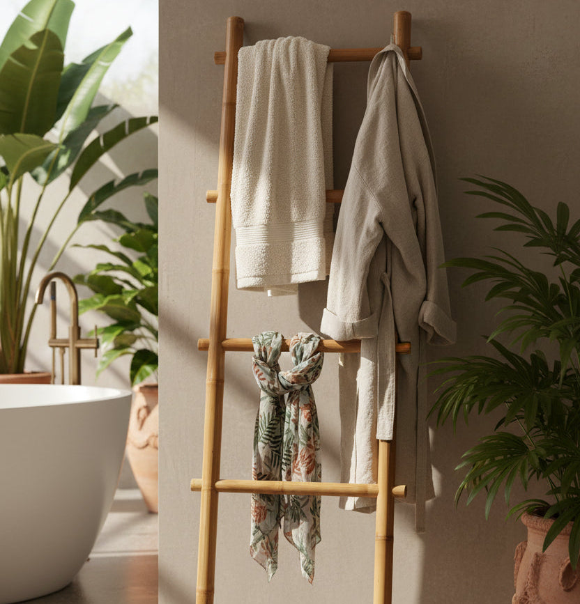 A straight bamboo towel rack with multiple rungs, showing the natural color and texture of bamboo.