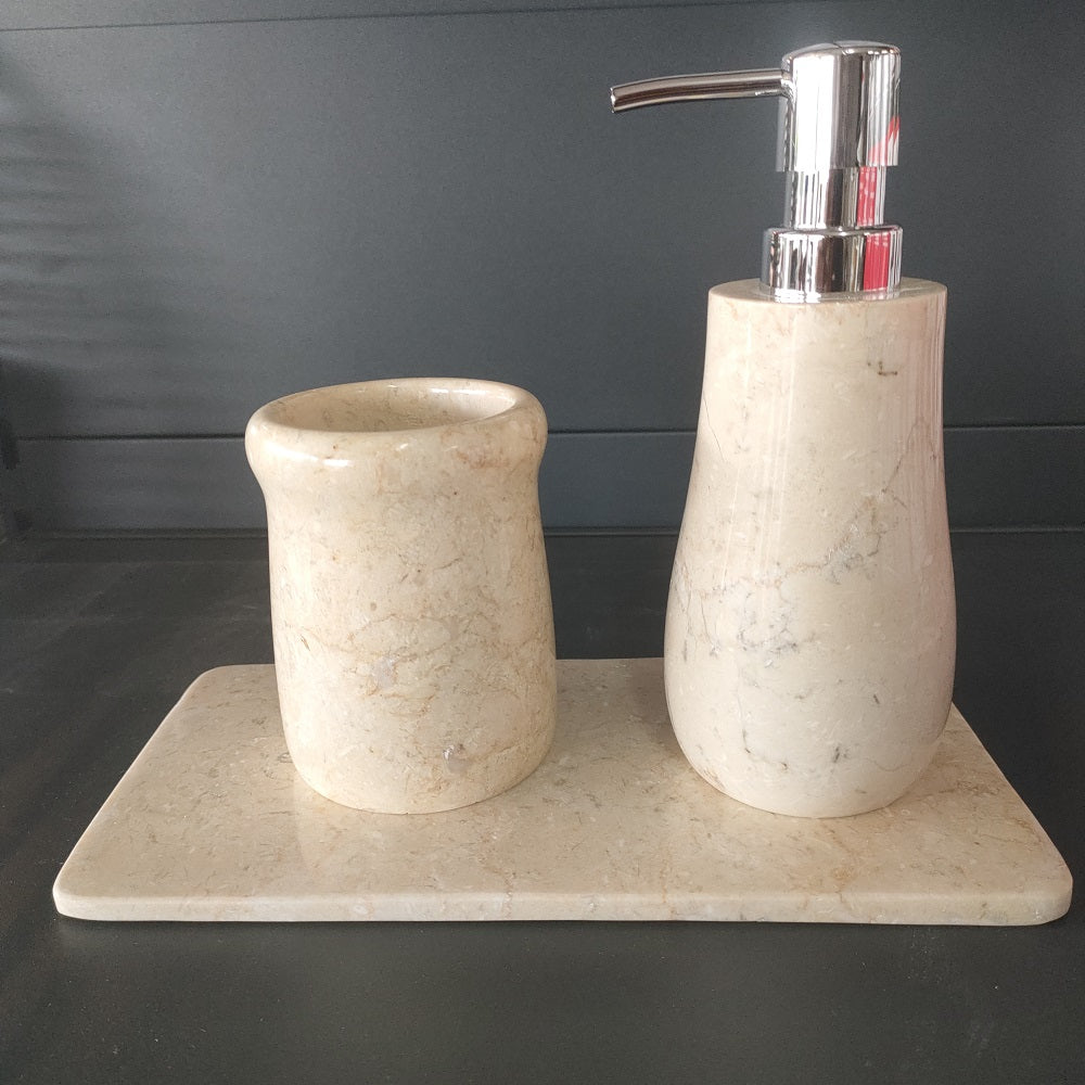 Bathroom Counter Top Amenities Set- Cream Marble in Pear Shape.