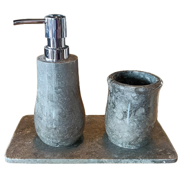 Bathroom Amenities Set-Pear Shape soap dispenser and brush holder in Grey Marble