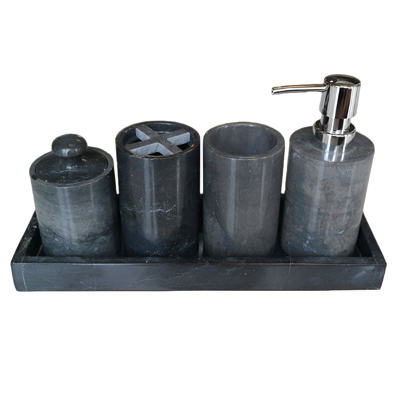 Set of black marble bathroom containers with a silver pump on a white background