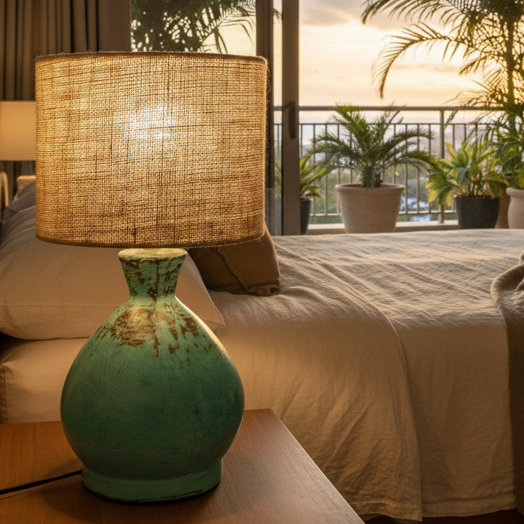 Turquoise table lamp with a wicker shade on a wooden surface.