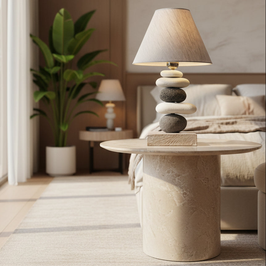 Modern living room with a Pebble Lamp on side table .
