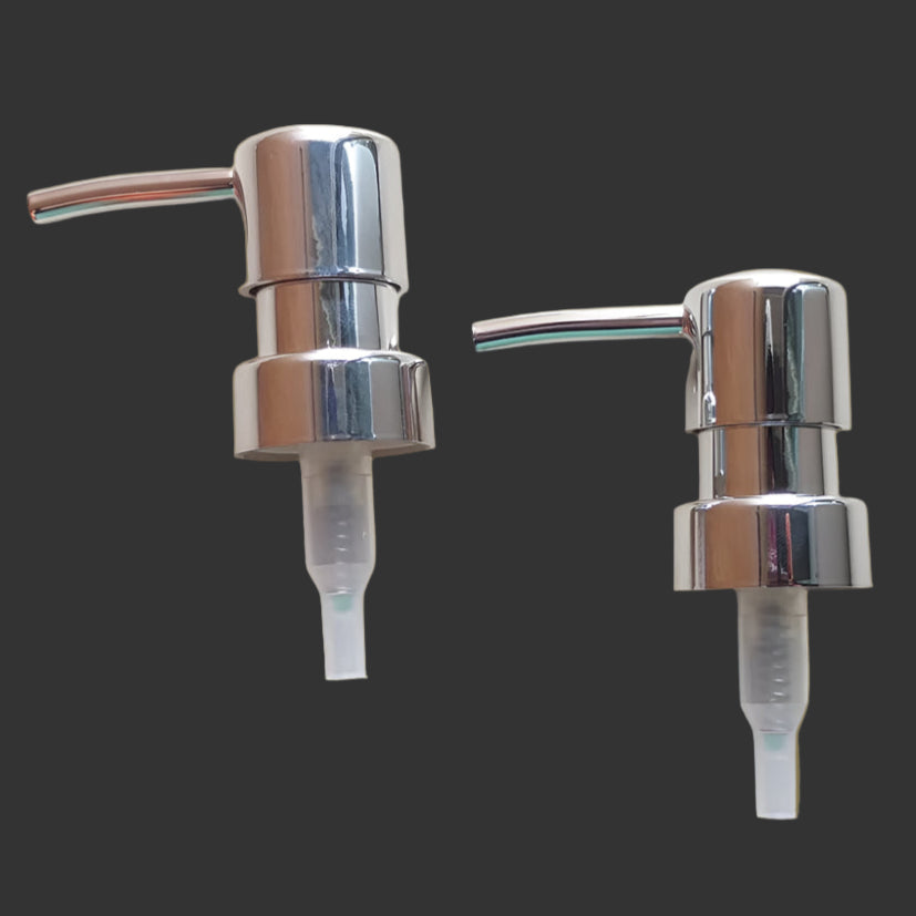 Two chrome soap dispenser pumps with straws, one pump is shown in a side view and the other in a front view.