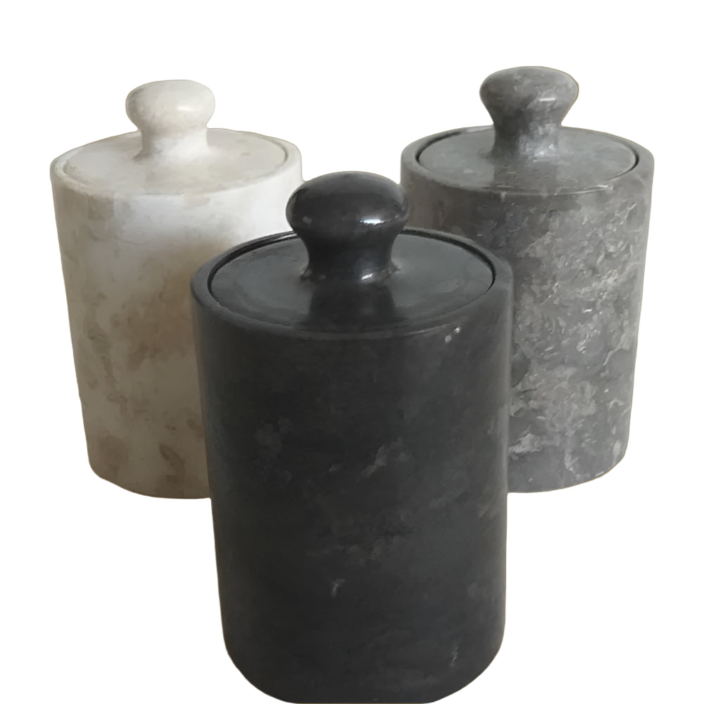 Three marble cotton bud canisters. Hotel Supply Items