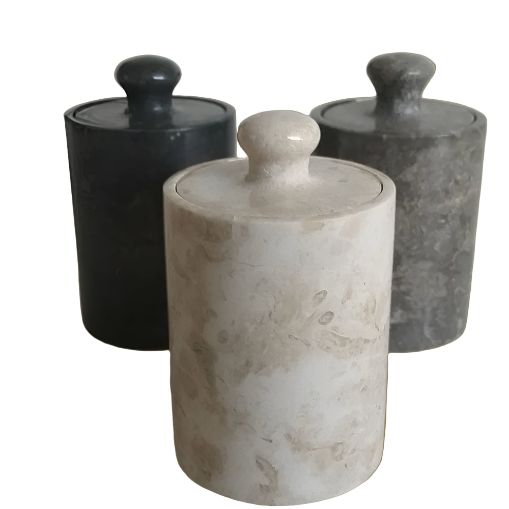Three marble jars with lids for Hospitality Supply