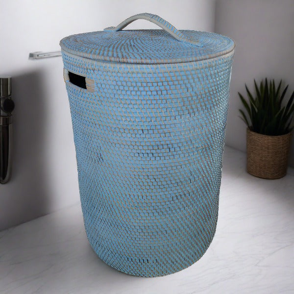Rattan Laundry Basket in Blue Wash