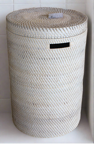 Laundry Basket in White Wash Rattan