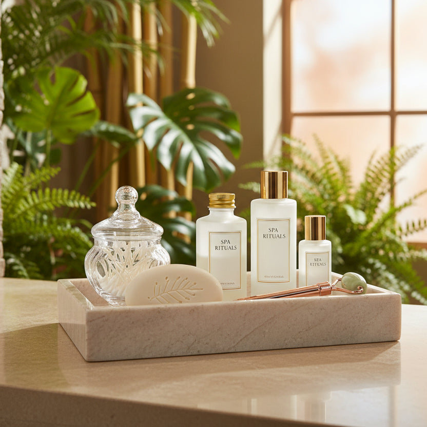 A spa ritual set arranged on a rectangular marble tray on a countertop, with a glass lidded jar, a white soap bar, three white bottles with gold caps, and a rose gold roller with a green bead, styled in front of a window with soft light and green plants.