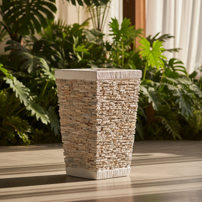 Decorative stone-patterned planter on a wooden surface with green plants in the background