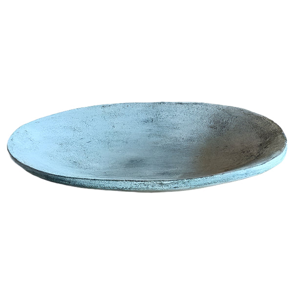 A gray oval terracotta decorative plate on a plain background.