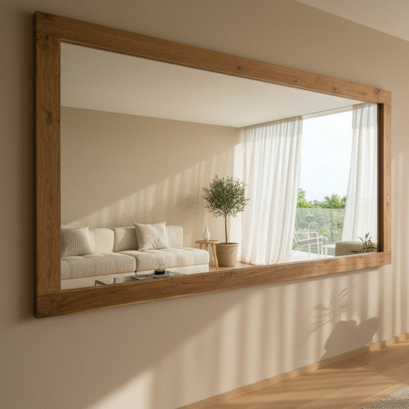 Large wooden-framed mirror on a wall in a living room with a couch and window.