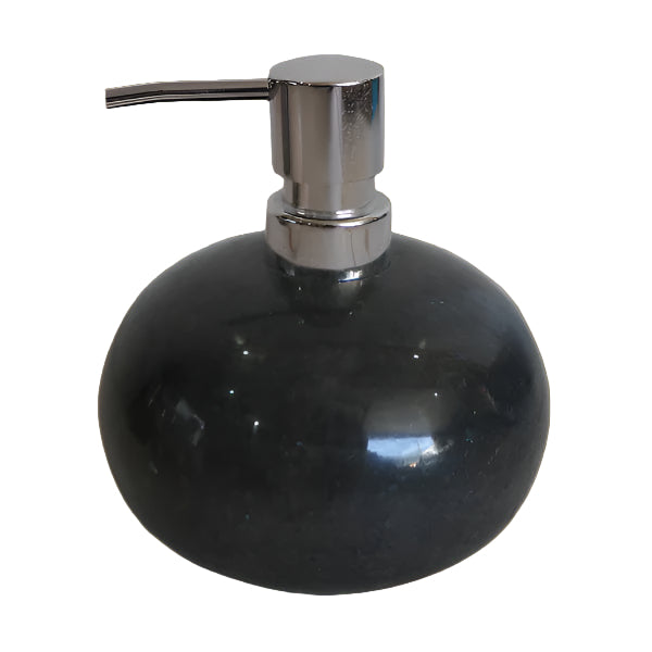 Black soap dispenser with silver pump.