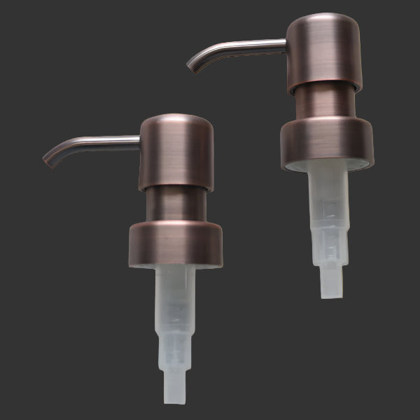 Two bronze soap dispenser pumps with straws, one pump is shown in a side view and the other in a front view.