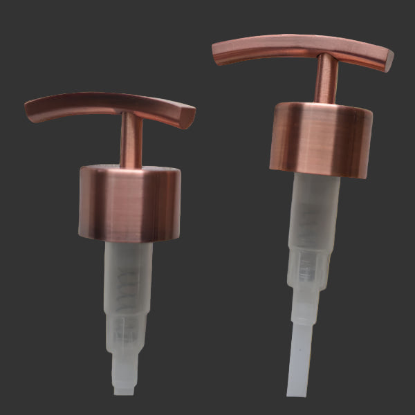 Two copper soap dispenser pumps with straws, one pump is shown in a side view and the other in a front view.