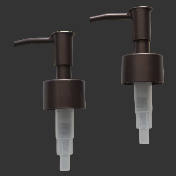 Two soap dispenser pumps with straws, one pump is shown in a side view and the other in a front view.