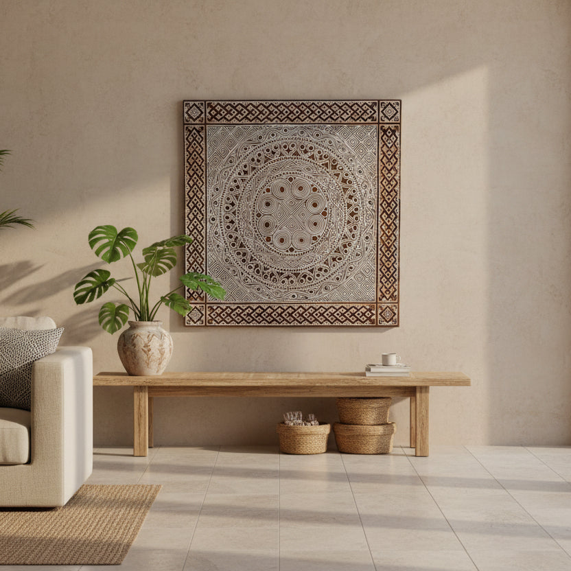 Decorative wall art with intricate patterns on a plain background