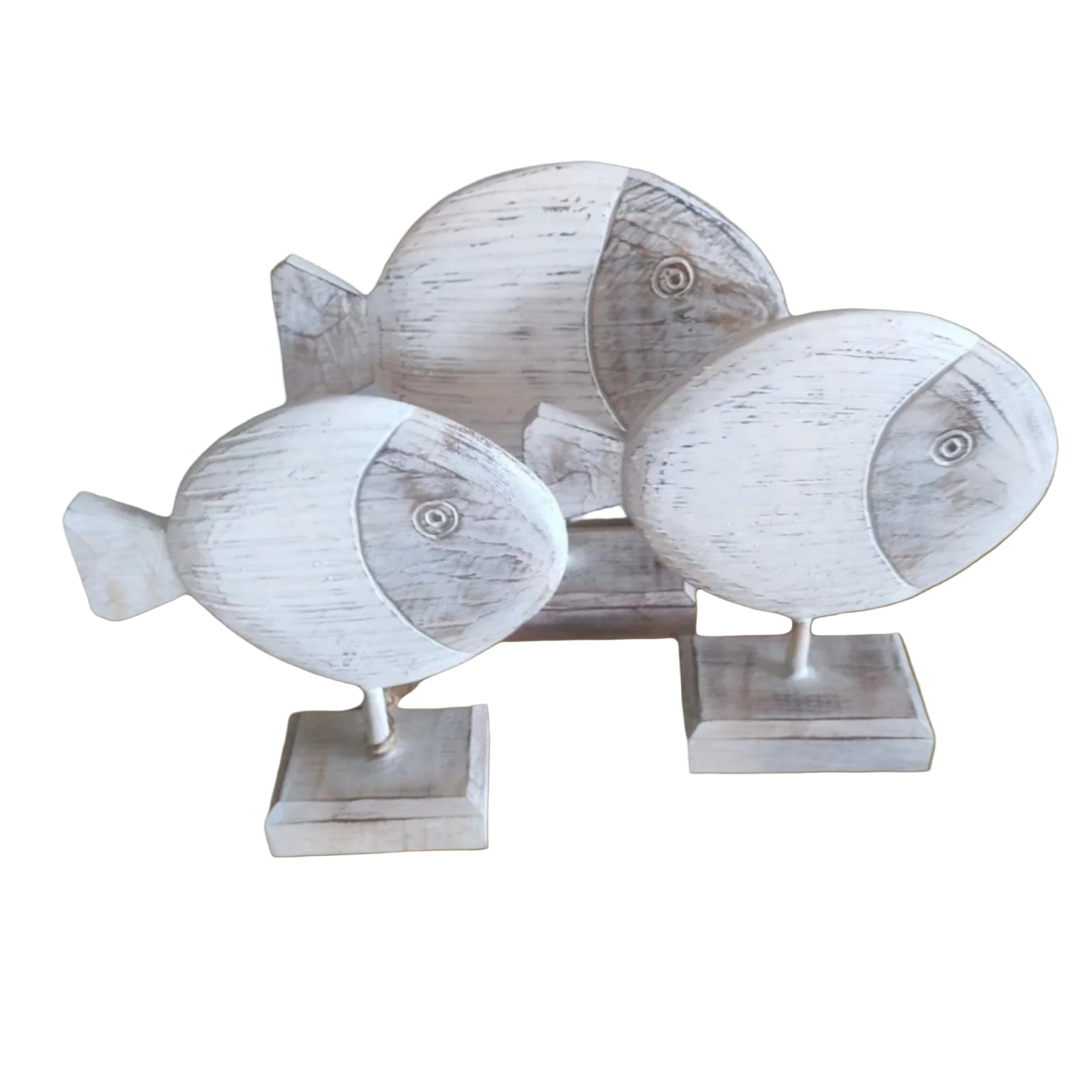 Three wooden fish sculptures on stands, villa and home decoration.